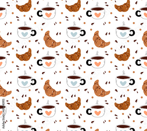 Seamless pattern coffee cup breakfast. Menu bakery dessert products doodle sketch hand drawn style, cupcake, croissant, bun, vector elements for menu, banner.