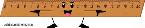 Cartoon cheerful funny ruler school stationery character. Isolated vector adorable measuring tool with a smiling face, markings, and a joyful personality, ready to measure and educate students