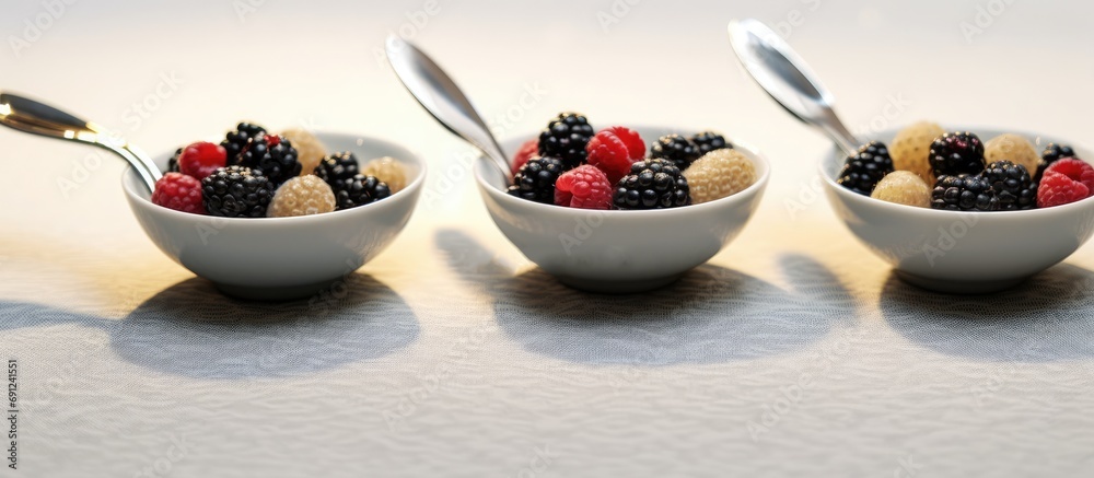 Delicious healthy dessert with berries served on the table and set of spoons Delicious healthy dessert with berries served on the table and set of spoons