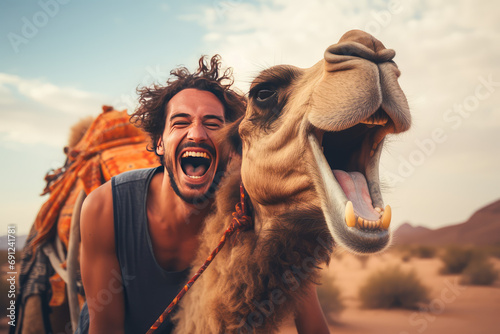 Happy tourist having fun enjoying group camel ride tour in the desert photo