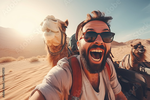 Happy tourist having fun enjoying group camel ride tour in the desert photo