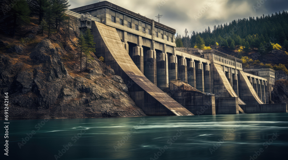 Aerial view of a hydroelectric dam in the US - obrazy, fototapety, plakaty 