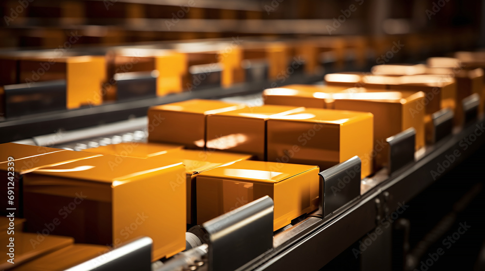 Courier parcels on a conveyor belt at a parcel sorting center. Background related to courier logistics