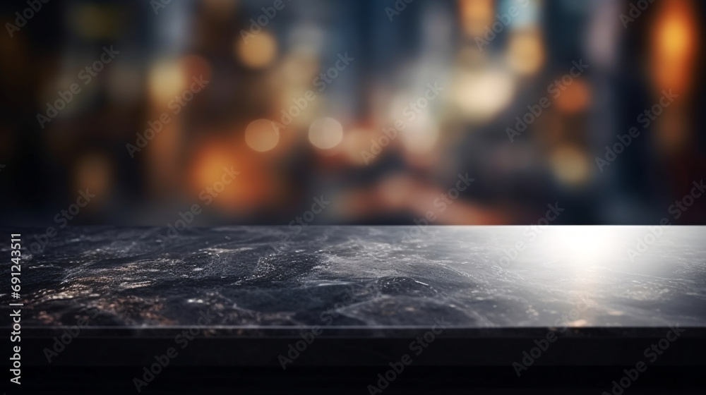 Glossy black granite table close-up, the interior of a contemporary art gallery on a blurred background.