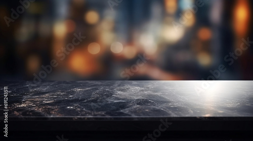 Glossy black granite table close-up, the interior of a contemporary art gallery on a blurred background.