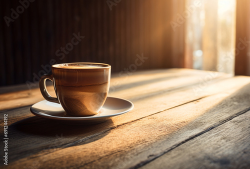 Cup of coffee on wooden table with sunlight effect. Ai generated Images