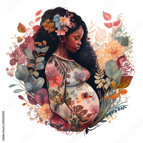 Cartoon watercolor pregnant woman with colorful paint splash on a transparent background