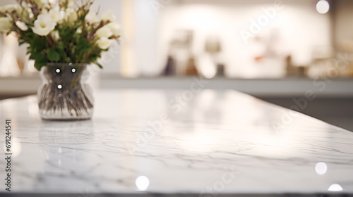 Polished white marble empty countertop close-up  the interior of a high-end jewelry store on a blurred background  ready for showcasing exquisite jewelry products.