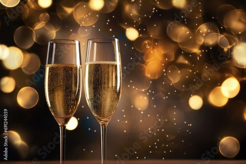 Golden champagne flutes on New Year with fireworks and dreamlike lights
