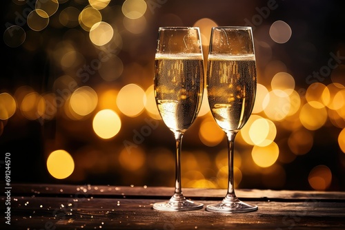 Golden champagne toast under New Year fireworks with dreamy light effects