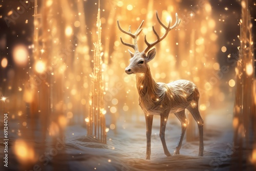Magical Reindeer Christmas Card, 3D, Blurred Golden Lights © Lucija
