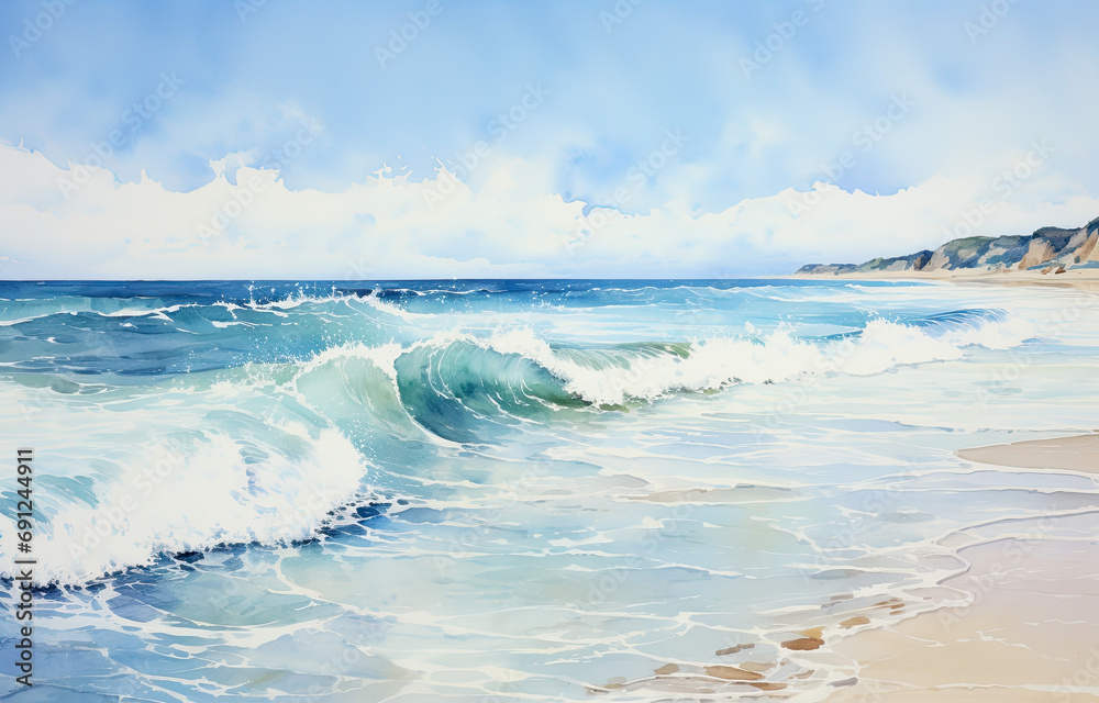 beach waves lapping in a tranquil coastal watercolor painting