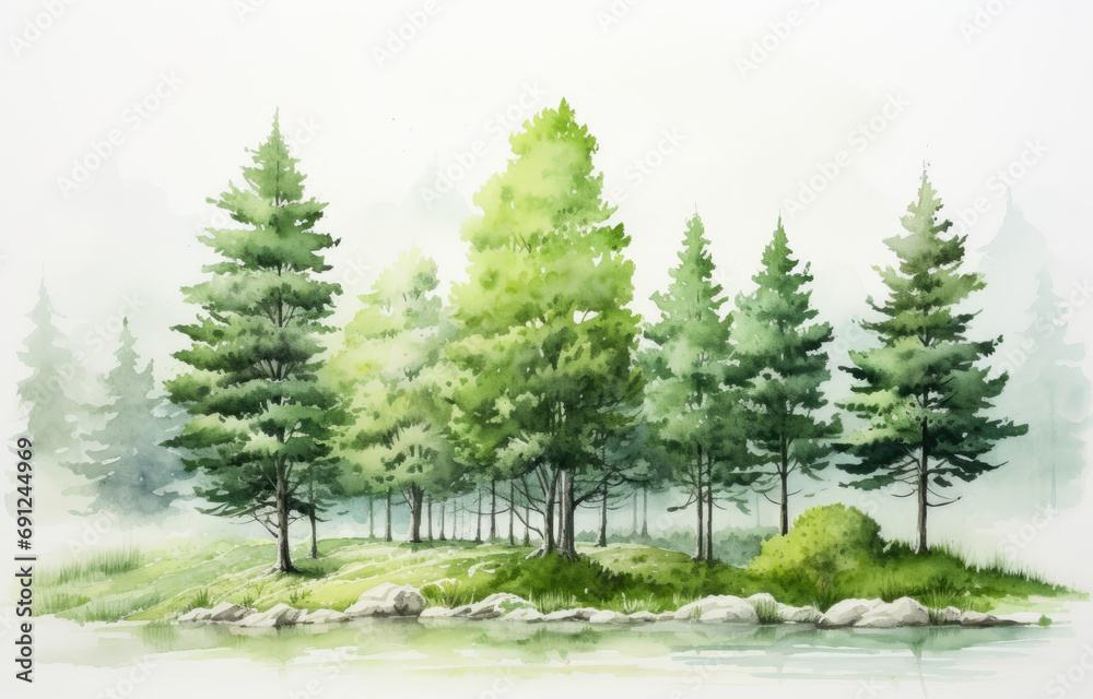 Fototapeta premium Verdant treetops swaying in a delicate forest watercolor painting