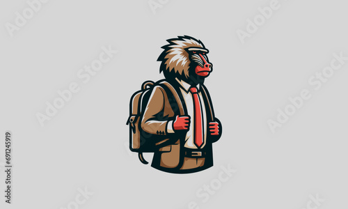 baboon wearing backpack vector logo design
