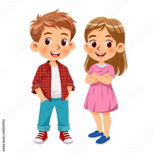 Vector illustration cartoon of a cute boy and a cute girl standing together smiling_01