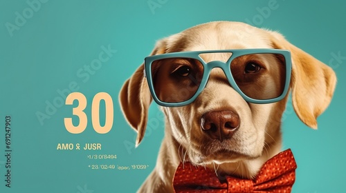 Banner of a dog wearing sunglasses on blue background 