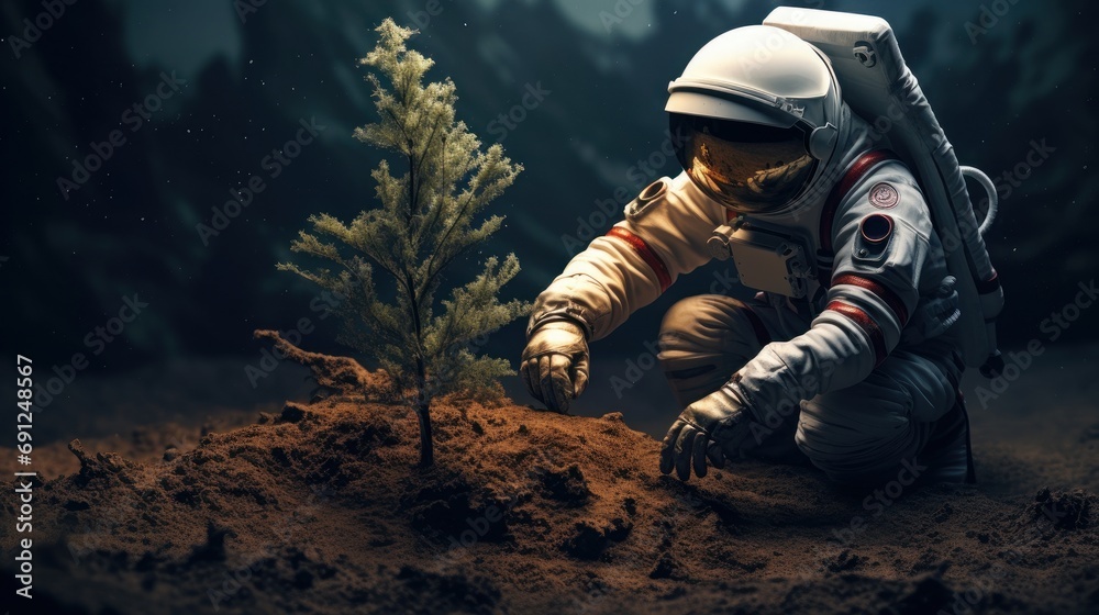 An astronaut plants a tree on moon. Science fiction, Space exploration