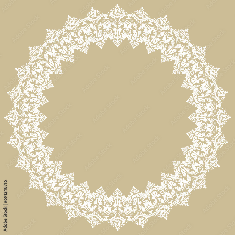 Oriental round frame with arabesques and floral elements. Floral round white border with vintage pattern. Greeting card with circle and place for text Oriental round frame with arabesques and floral elements. Floral round white border with vintage pattern. Greeting card with circle and place for text
