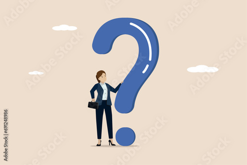 Looking for ideas to solve business problems, business difficulties concept, looking for solutions, FAQ concept, confused businessman looking for solutions to complex business problems.