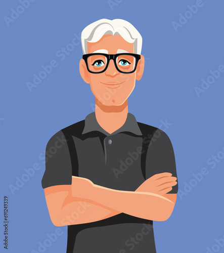 Attractive Middle-Aged Man Standing with Arms Crossed Vector Character. Handsome guy aging gracefully having white hair in his 40
