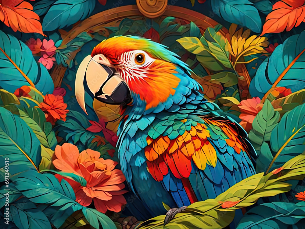 Fototapeta premium brightly colored parrot sitting in a tropical setting with flowers and leaves