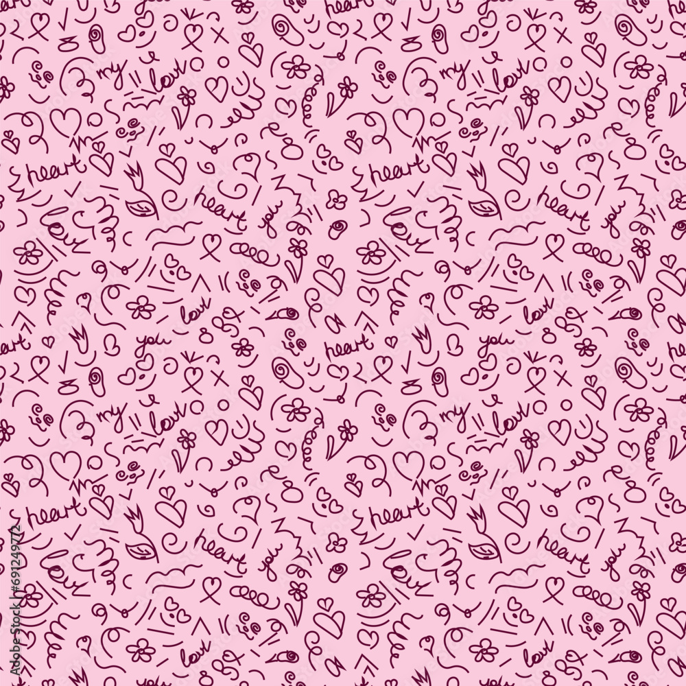 Fototapeta premium Decorative hand drawn shapes. Doodles lines elements, hearts, flowers, words, leaves. Seamless pattern