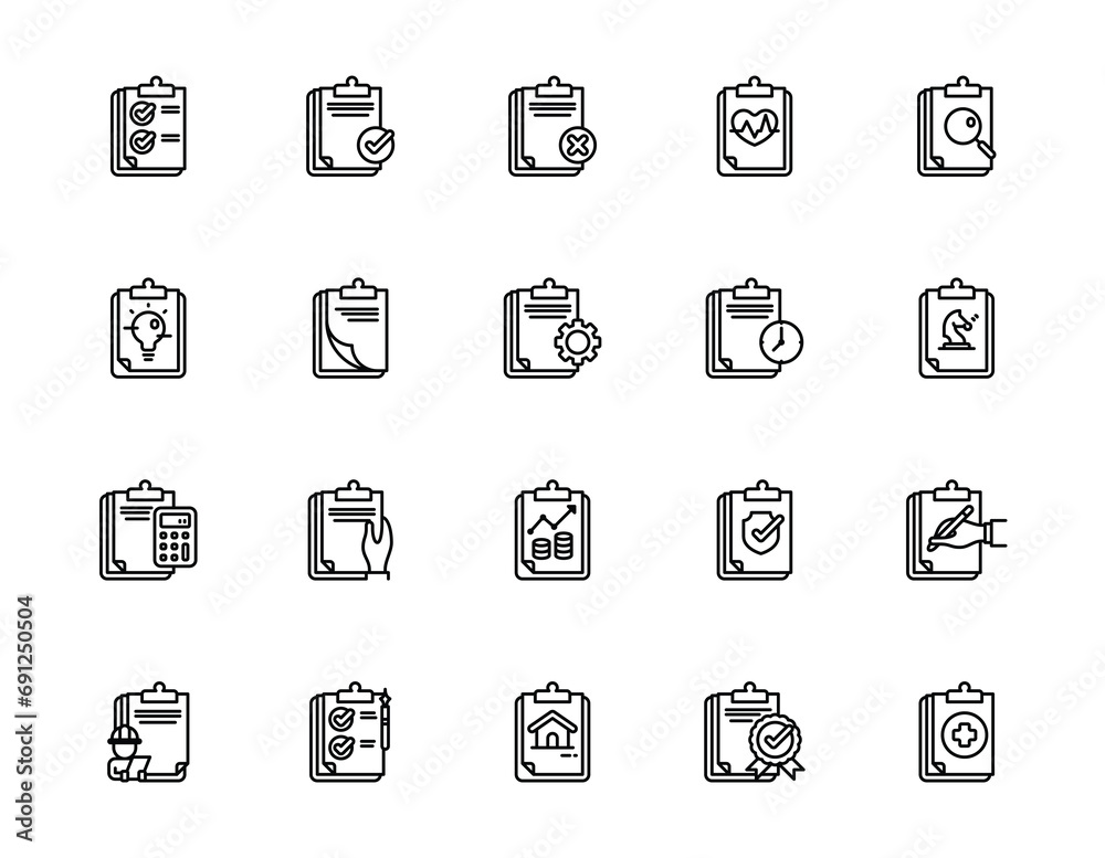 Set of outline icons related to clipboard, checklist, and report. Editable stroke. Outline icons suitable for web, infographics, interface, and apps. Set of outline icons related to clipboard, checklist, and report. Editable stroke. Outline icons suitable for web, infographics, interface, and apps.