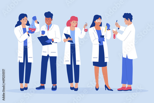 Scientists characters collection set. Science lab worker, chemical researchers and scientist. Vector flat illustration