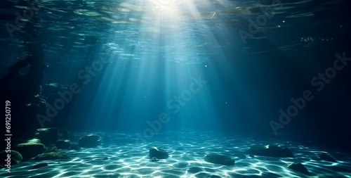 Image of an underwater scene in a deep blue and beautiful sun ray under sea, created with Generative AI technology © mafizul_islam