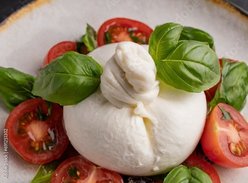 Burrata cheese with tomato and basil, closeup photography, Italian traditional cheese