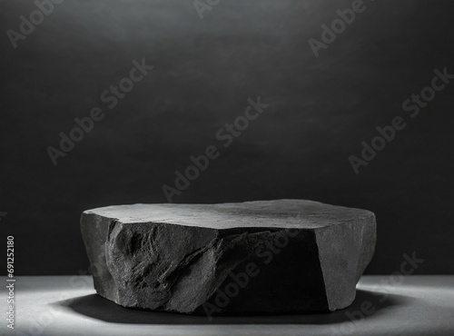 Stone rock podium with black background for product display.