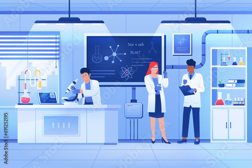 Professional scientists, doctors and chemical researchers. Vector flat illustration
