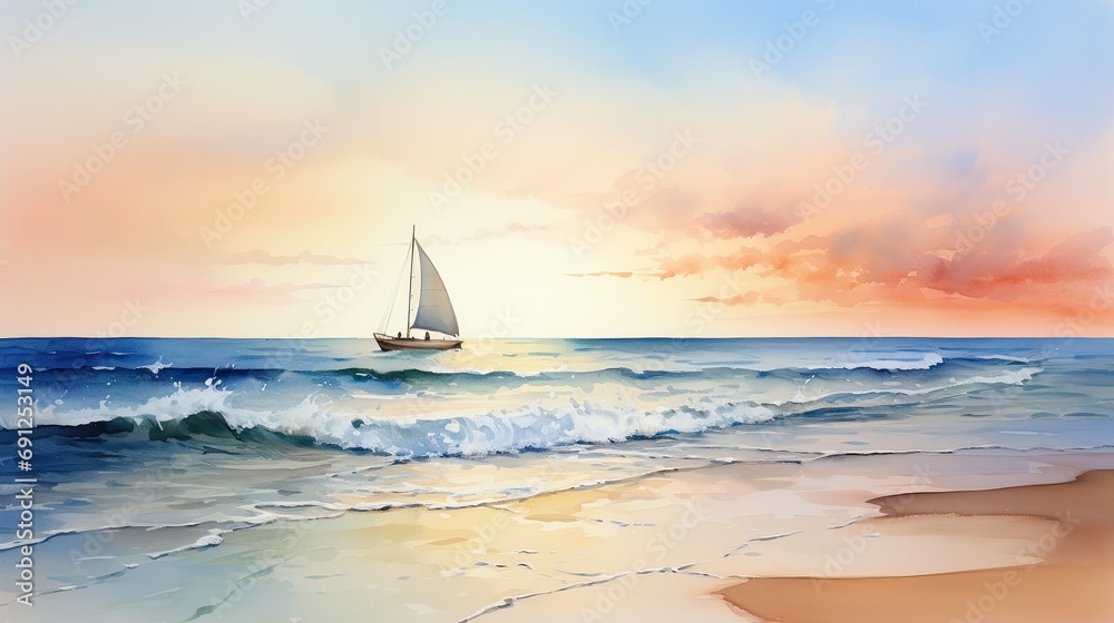 Tranquil Coastal Serenity: Soft Dawn/Dusk Colors and a Lone Sailboat

