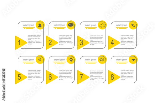 infographic elements  template, business concept with 8 steps,  minimal yellow rectangle shapes design for workflow layout, diagram, annual report, web design.Creative banner, label vector