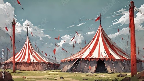 dilapidated circus tent looms distance, tattered white stripes frayed torn. approach, tent seems grow larger larger, expanding into another dimension. Unsettling music 2d animation photo
