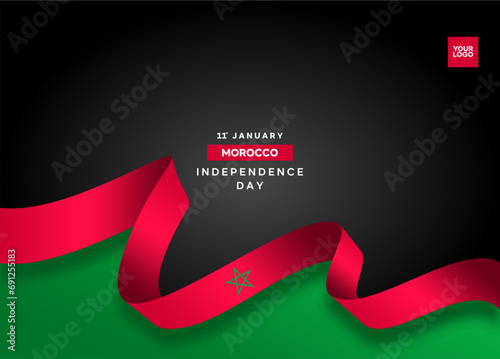 Morocco independence day curve flag background with 11st january logotype. photo