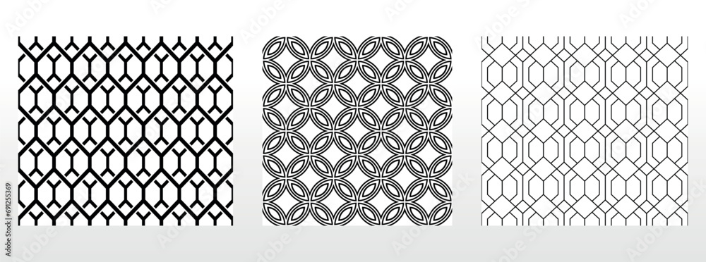 Geometric set of seamless black and white patterns. Simple vector graphics