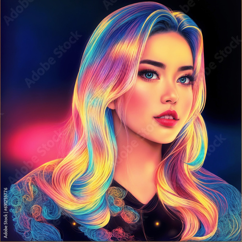 Beautiful fashionable stylish girl with multi-colored hair. Portrait of an Asian girl with a stylish hairstyle in a beautiful suit.