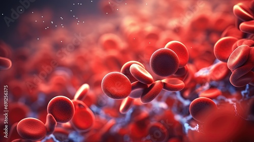 Red blood cells circulating in the blood vessels - leukocytes. Superior magnified views of human blood cells under microscope examination #691256375