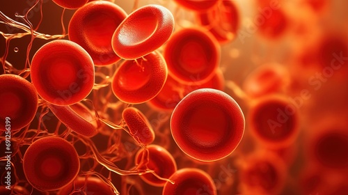 Red blood cells circulating in the blood vessels - leukocytes. Superior magnified views of human blood cells under microscope examination photo