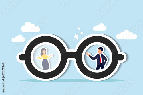 Gender bias, sexism inequality in workplace and social, prejudice, stereotyping, or discrimination against women concept, eyeglasses with clear vision on businessman and unclear blurry vision on woman