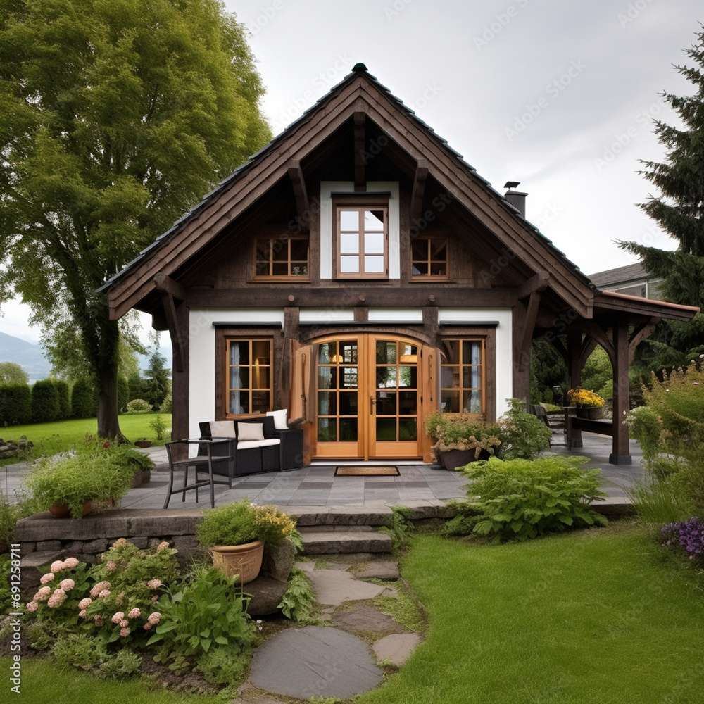 Tiny one floor timber frame house with double front doors and terrace design