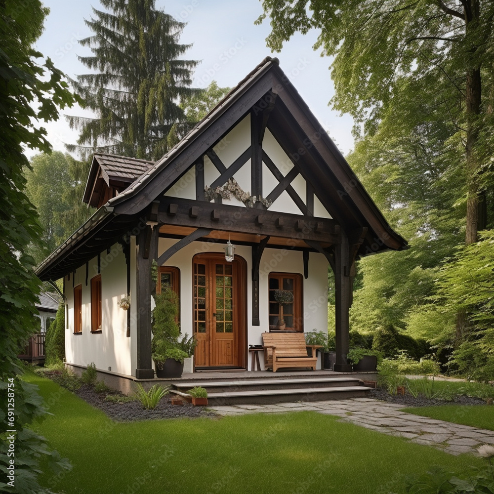 Tiny one floor timber frame house with double front doors and terrace design