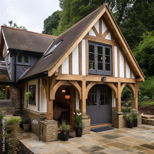 Tiny one floor timber frame house with double front doors and terrace design