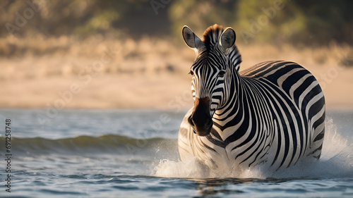 Zebra running through water Stock Photo