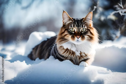 Cat cowered with snow, sitting in snowdrift