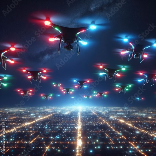 Realistic future flying drones in a big city photo