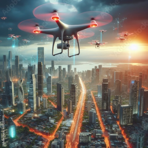 Realistic future flying drones in a big city photo