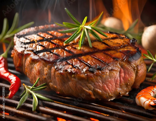 炭火焼きの完璧なステーキ - グリルの炎と共に楽しむ美食の瞬間 photo