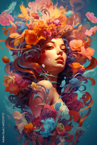 Beautiful woman surrounded by flowers illustration